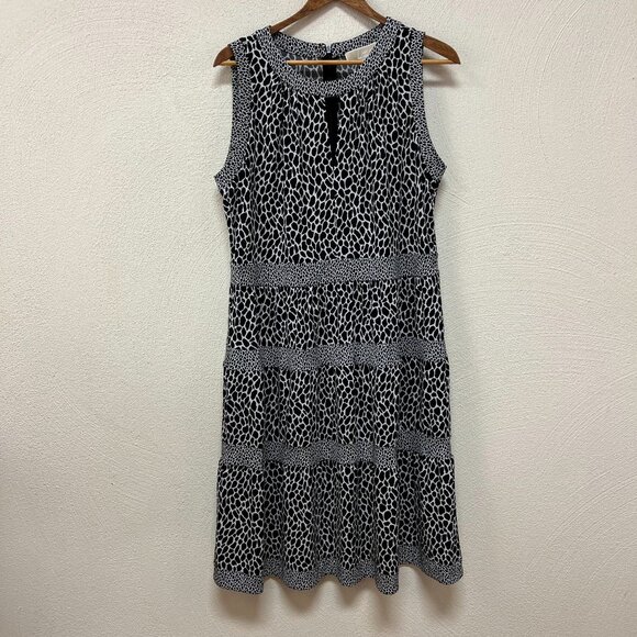 Michael Kors Womens Leopard-Print Tiered Dress Sleeveless White Black Size Large - Picture 1 of 5